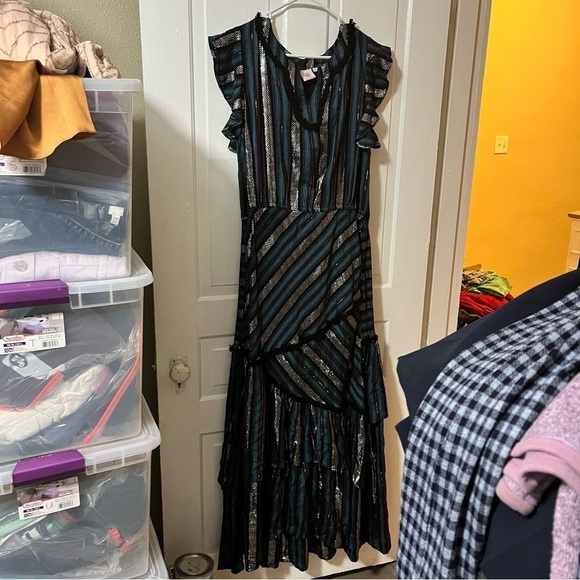 Tessora Long Dress Blue Metallic Stripes Large M2 - Picture 3 of 8